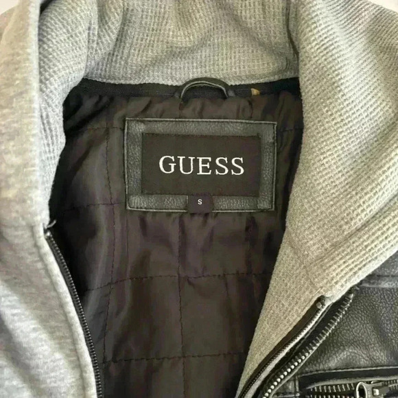 Guess Men Black Faux Leather Double Zip Hooded Coat Moto Bomber Jacket Size S - Picture 14 of 16